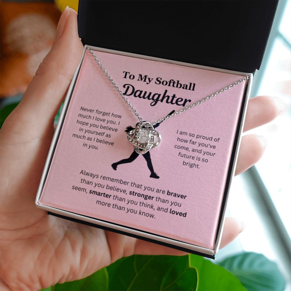 EllePendants To My Softball Daughter Necklace, Father Daughter Necklace, Mother Daughter Necklace, Daughter Birthday, Heart Jewelry, Gold Jewelry, Love Knot, Message Card Necklace