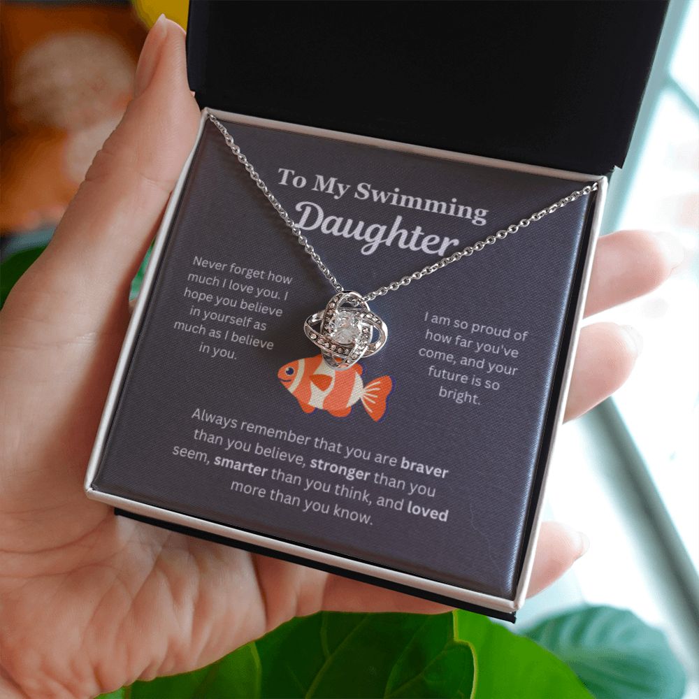 EllePendants To My Swimming Daughter Necklace, Father Daughter Necklace, Mother Daughter Necklace, Daughter Birthday, Heart Jewelry, Gold Jewelry, Love Knot, Message Card Necklace