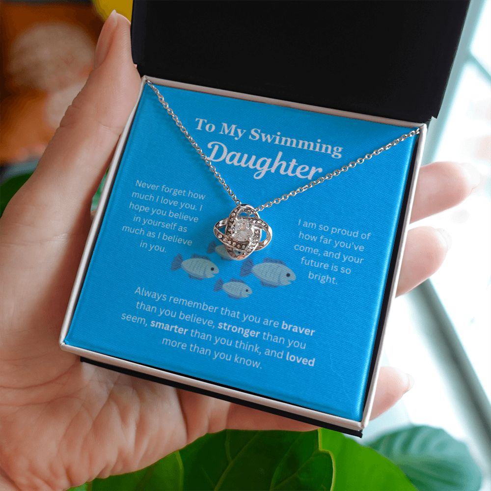 EllePendants To My Swimming Daughter Necklace, Father Daughter Necklace, Mother Daughter Necklace, Daughter Birthday, Heart Jewelry, Gold Jewelry, Love Knot, Message Card Necklace
