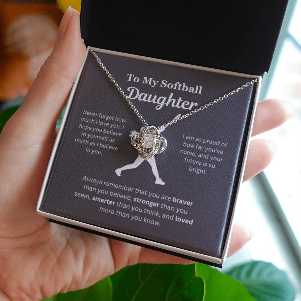 EllePendants To My Softball Daughter Necklace, Father Daughter Necklace, Mother Daughter Necklace, Daughter Birthday, Heart Jewelry, Gold Jewelry, Love Knot, Message Card Necklace