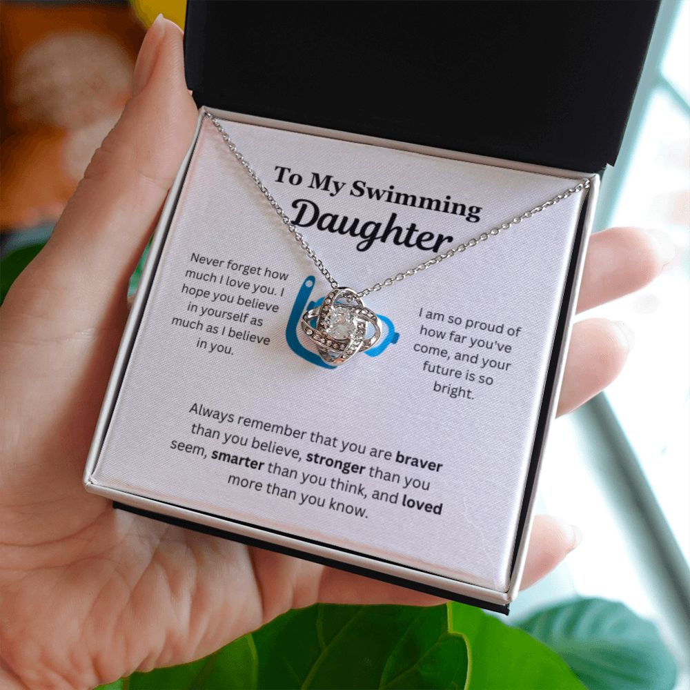 EllePendants To My Swimming Daughter Necklace, Father Daughter Necklace, Mother Daughter Necklace, Daughter Birthday, Heart Jewelry, Gold Jewelry, Love Knot, Message Card Necklace