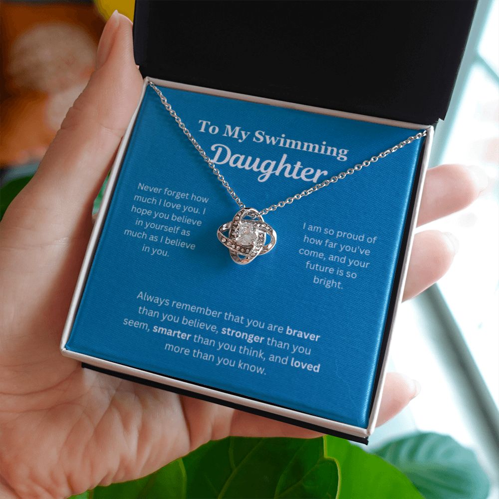 EllePendants To My Swimming Daughter Necklace, Father Daughter Necklace, Mother Daughter Necklace, Daughter Birthday, Heart Jewelry, Gold Jewelry, Love Knot, Message Card Necklace