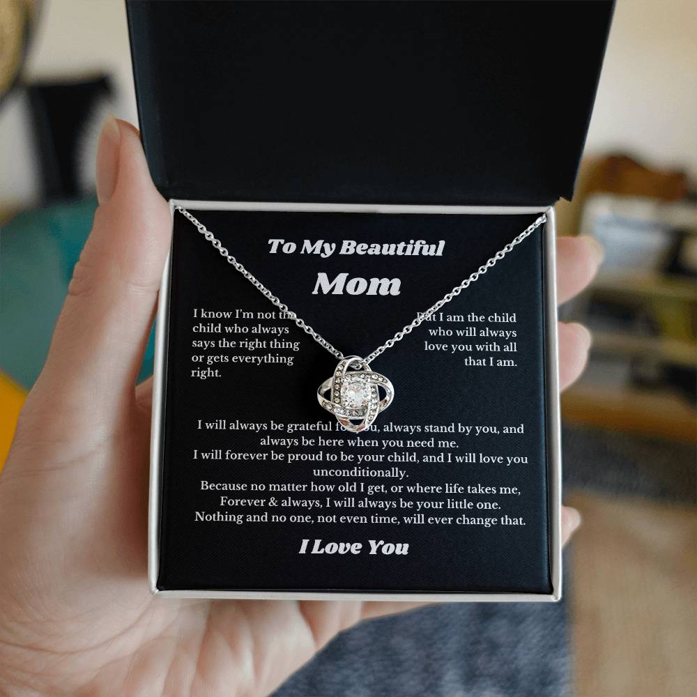 To My Beautiful Mom Love Knot Necklace Gift For Mothers Day, Valentines, Message Card
