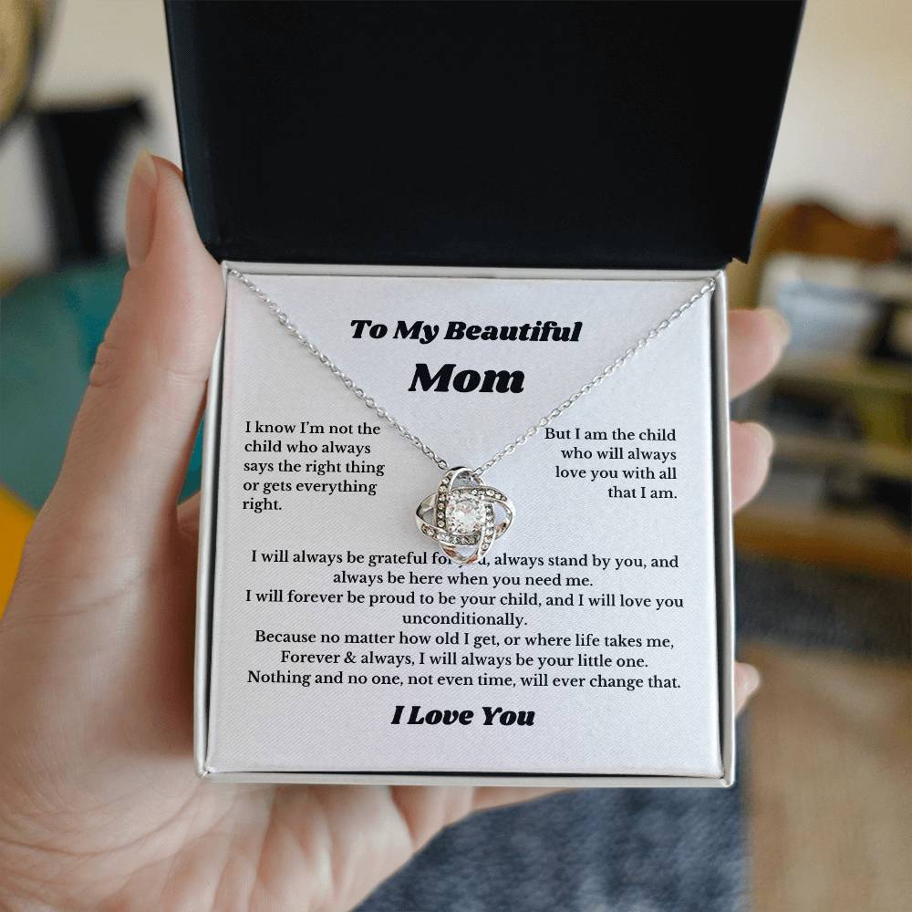 To My Beautiful Mom Love Knot Necklace Gift For Mothers Day, Valentines, Message Card