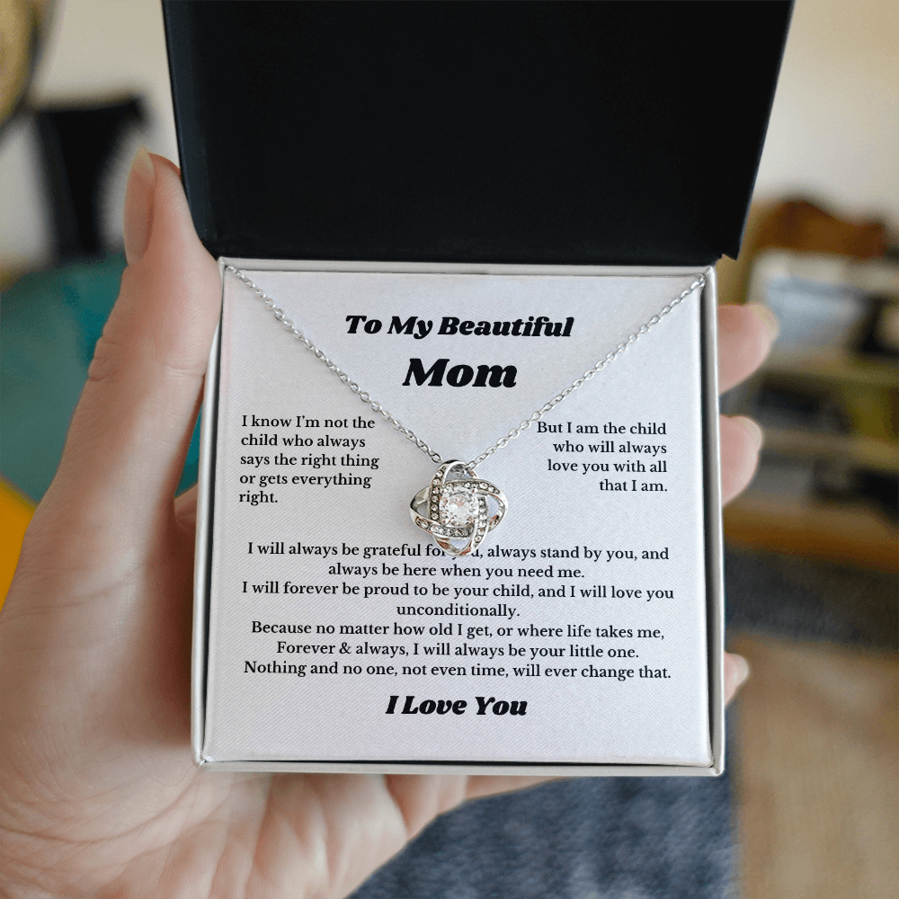 To My Beautiful Mom Love Knot Necklace Gift For Mothers Day, Valentines, Message Card