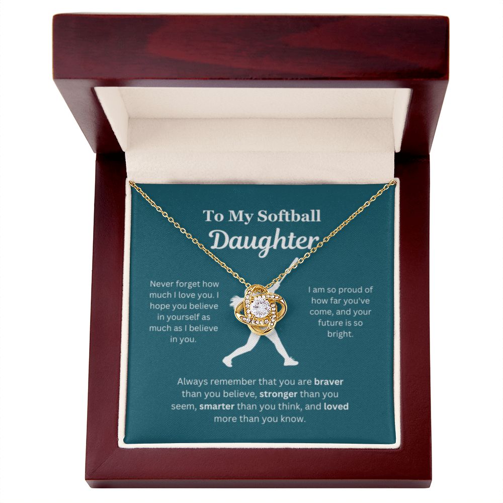 EllePendants To My Softball Daughter Necklace, Father Daughter Necklace, Mother Daughter Necklace, Daughter Birthday, Heart Jewelry, Gold Jewelry, Love Knot, Message Card Necklace