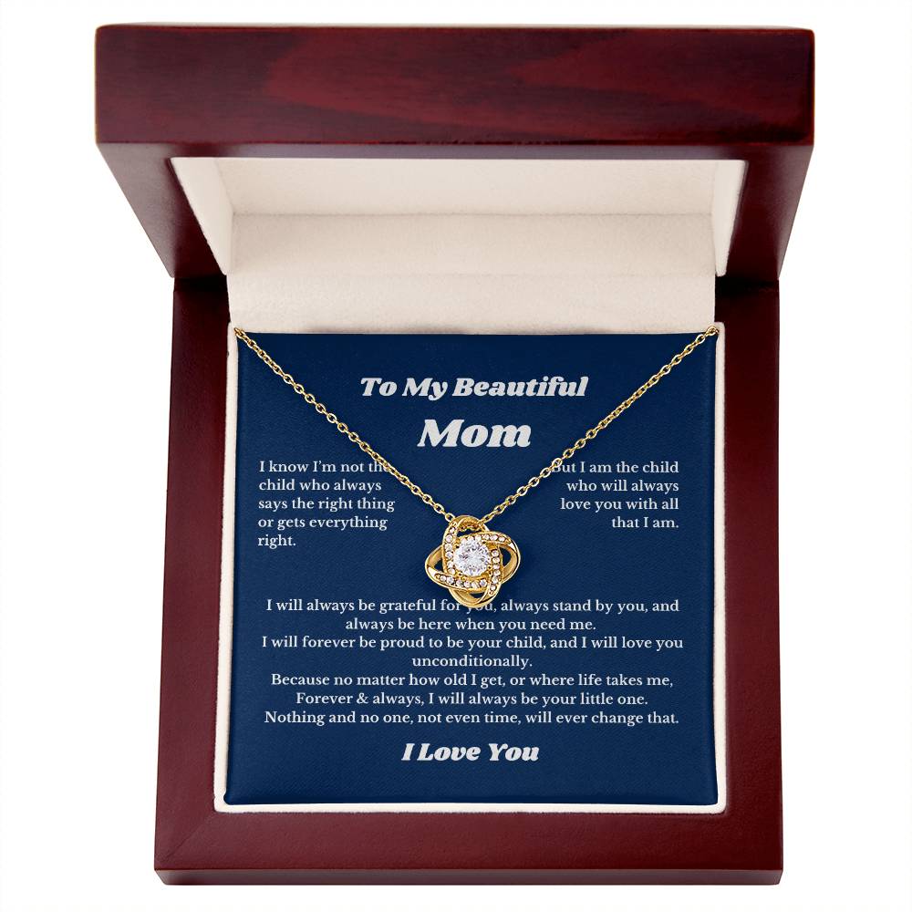 To My Beautiful Mom Love Knot Necklace Gift For Mothers Day, Valentines, Message Card