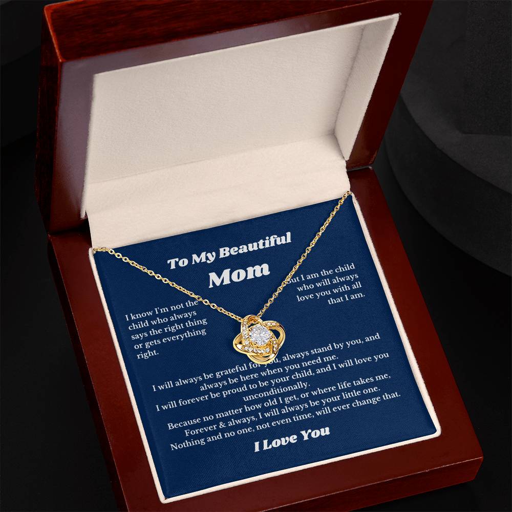 To My Beautiful Mom Love Knot Necklace Gift For Mothers Day, Valentines, Message Card