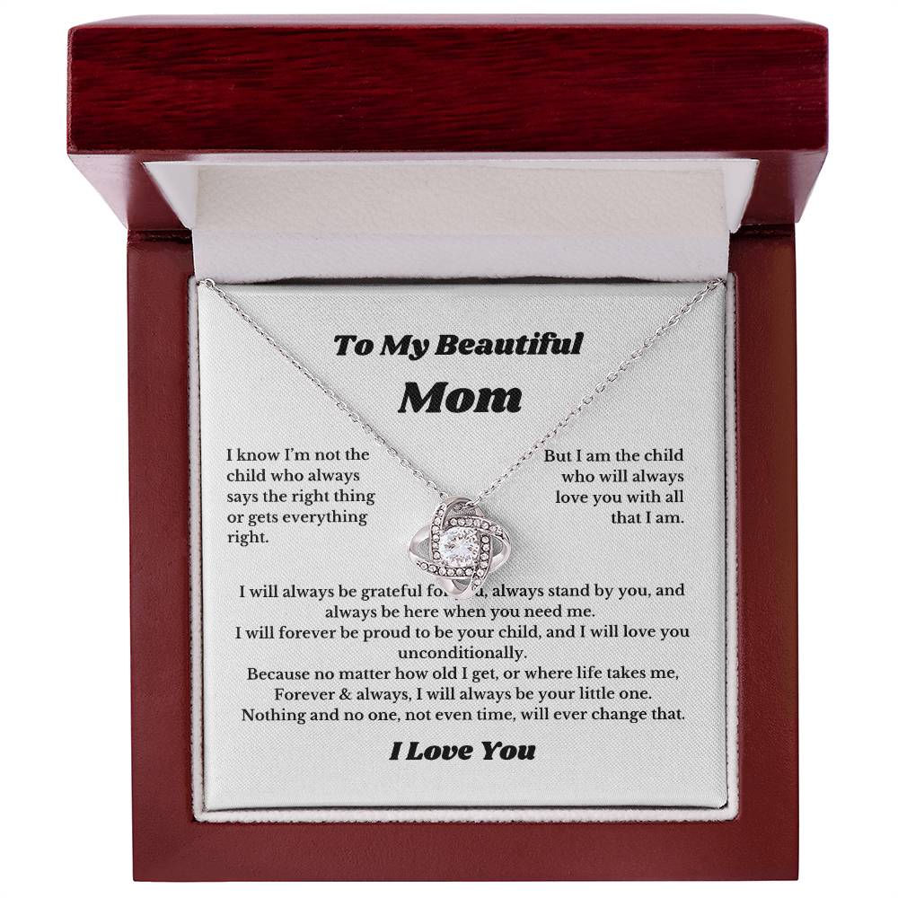 To My Beautiful Mom Love Knot Necklace Gift For Mothers Day, Valentines, Message Card