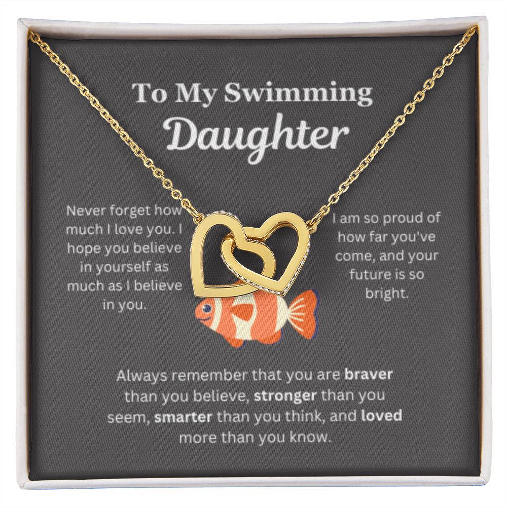 EllePendants To My Swimming Daughter Necklace, Father Daughter Necklace, Mother Daughter Necklace, Daughter Birthday, Heart Jewelry, Gold Jewelry, Interlocking Hearts, Message Card Necklace