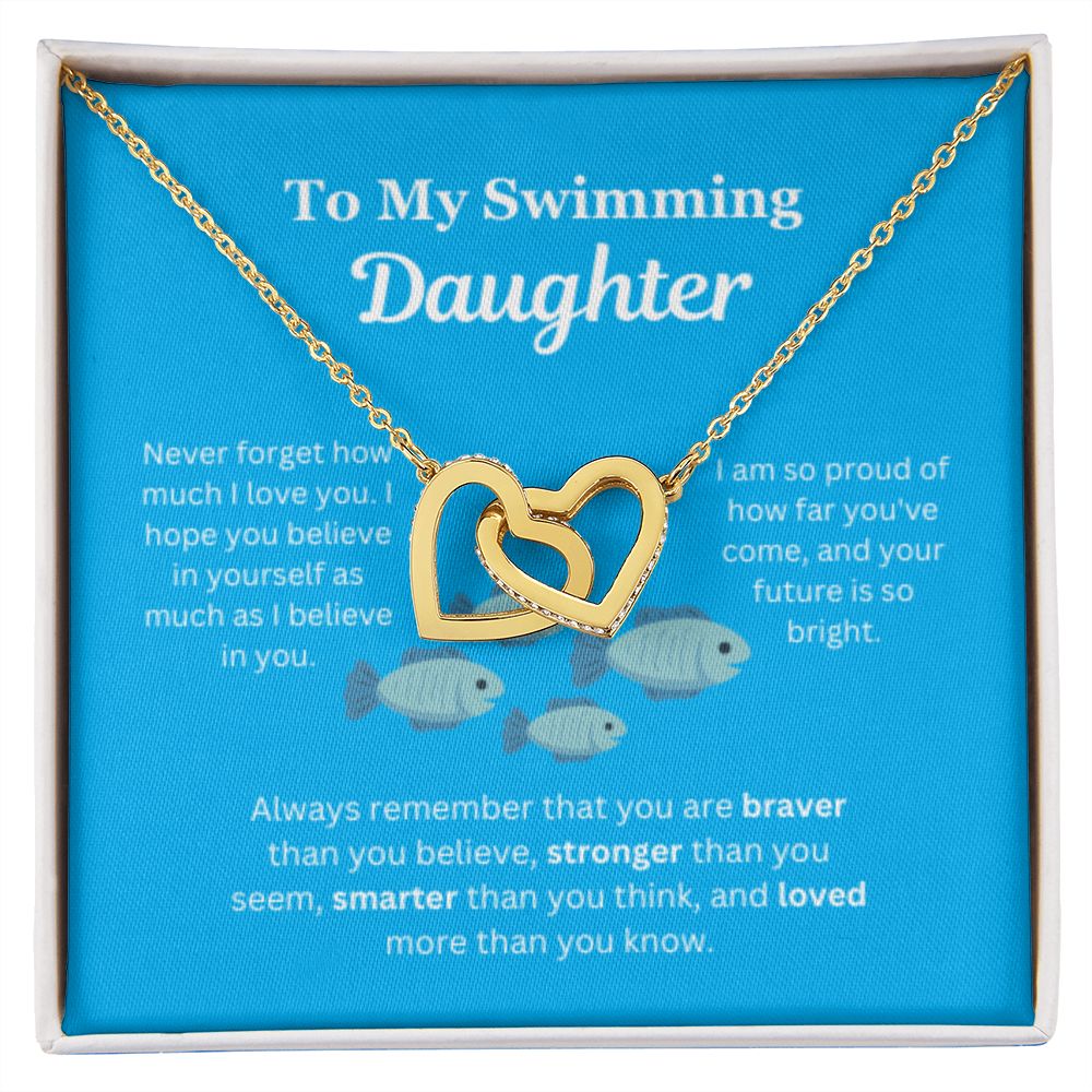 EllePendants To My Swimming Daughter Necklace, Father Daughter Necklace, Mother Daughter Necklace, Daughter Birthday, Heart Jewelry, Gold Jewelry, Interlocking Hearts, Message Card Necklace