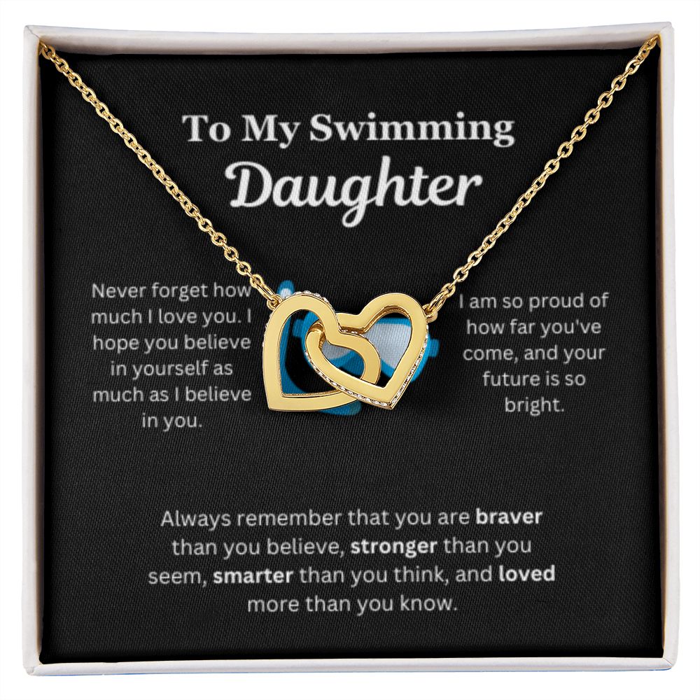 EllePendants To My Swimming Daughter Necklace, Father Daughter Necklace, Mother Daughter Necklace, Daughter Birthday, Heart Jewelry, Gold Jewelry, Interlocking Hearts, Message Card Necklace