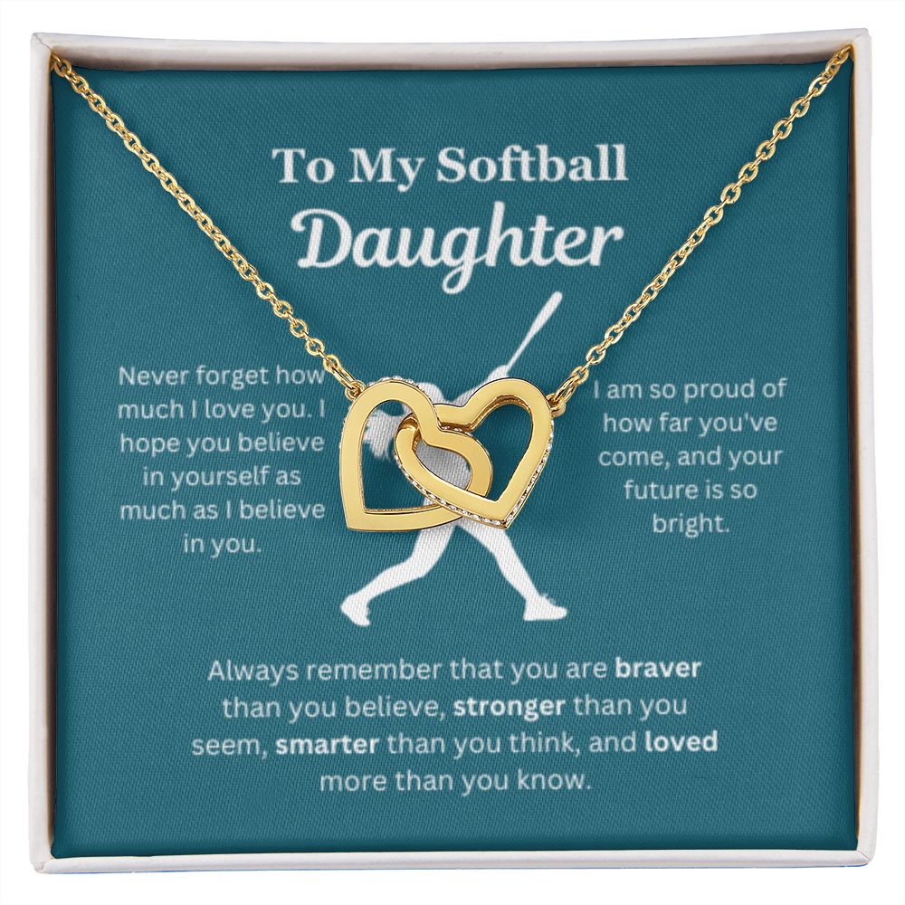 EllePendants To My Softball Daughter Necklace, Father Daughter Necklace, Mother Daughter Necklace, Daughter Birthday, Heart Jewelry, Gold Jewelry, Interlocking Hearts, Message Card Necklace