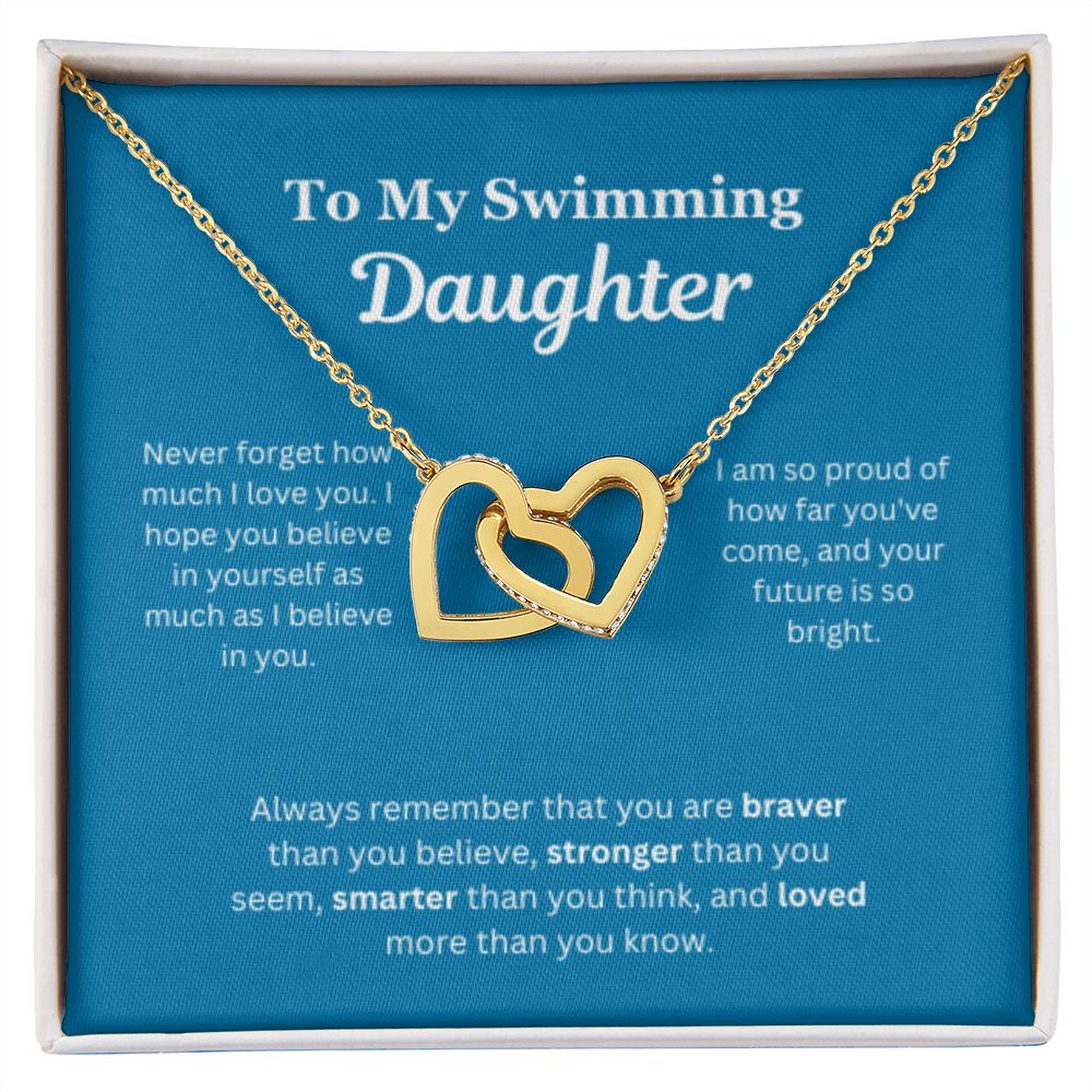 EllePendants To My Swimming Daughter Necklace, Father Daughter Necklace, Mother Daughter Necklace, Daughter Birthday, Heart Jewelry, Gold Jewelry, Interlocking Hearts, Message Card Necklace