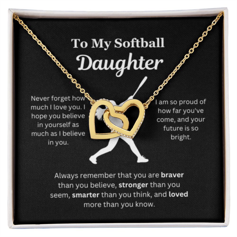 EllePendants To My Softball Daughter Necklace, Father Daughter Necklace, Mother Daughter Necklace, Daughter Birthday, Heart Jewelry, Gold Jewelry, Interlocking Hearts, Message Card Necklace