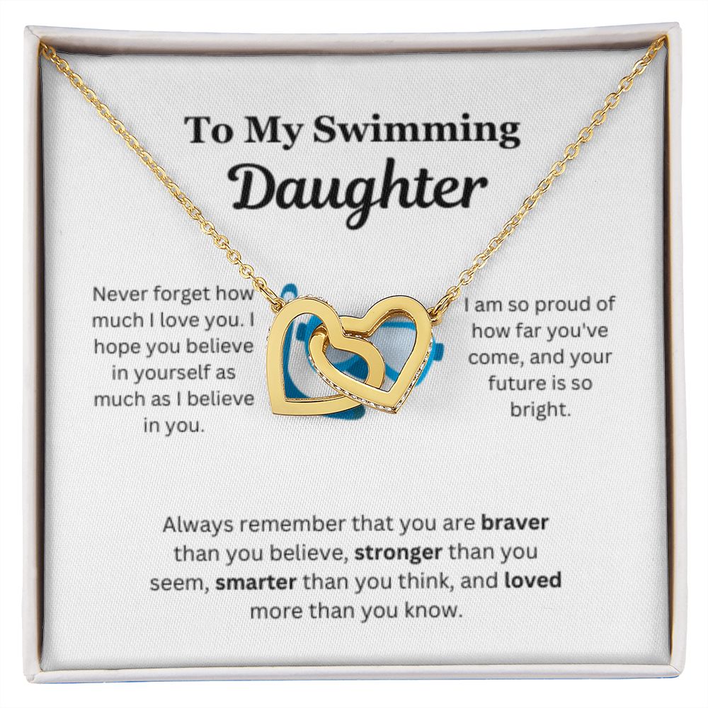 EllePendants To My Swimming Daughter Necklace, Father Daughter Necklace, Mother Daughter Necklace, Daughter Birthday, Heart Jewelry, Gold Jewelry, Interlocking Hearts, Message Card Necklace