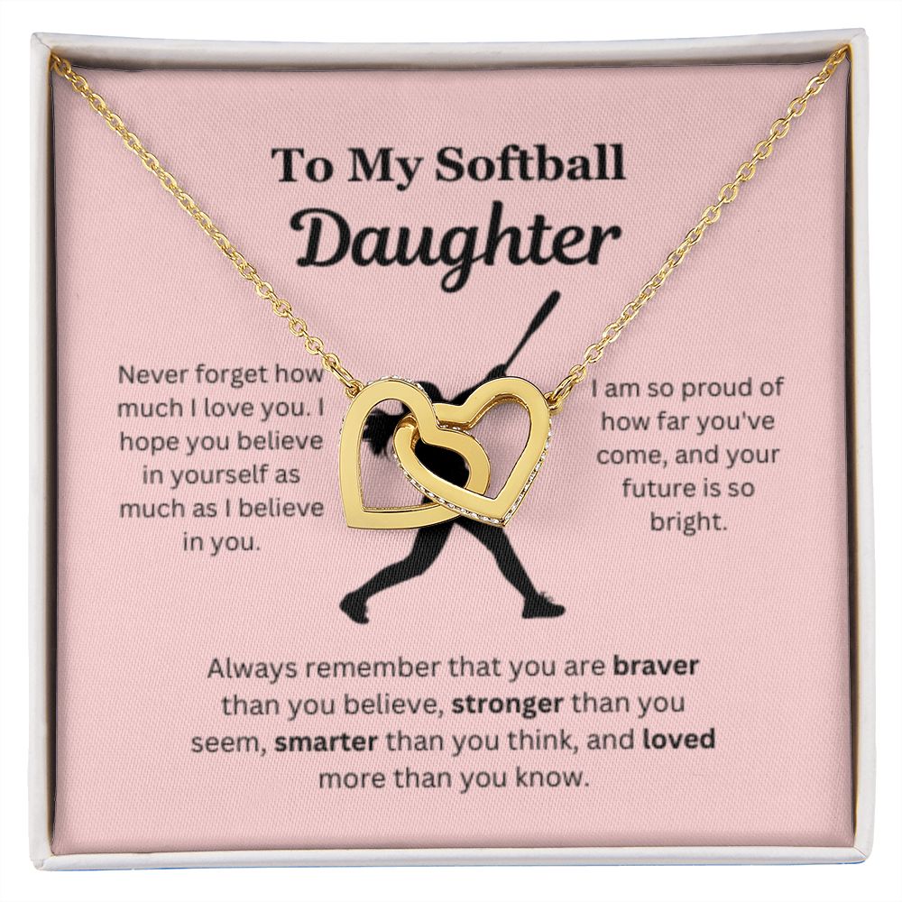 EllePendants To My Softball Daughter Necklace, Father Daughter Necklace, Mother Daughter Necklace, Daughter Birthday, Heart Jewelry, Gold Jewelry, Interlocking Hearts, Message Card Necklace