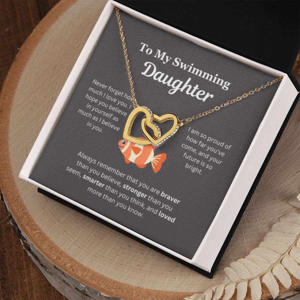 EllePendants To My Swimming Daughter Necklace, Father Daughter Necklace, Mother Daughter Necklace, Daughter Birthday, Heart Jewelry, Gold Jewelry, Interlocking Hearts, Message Card Necklace