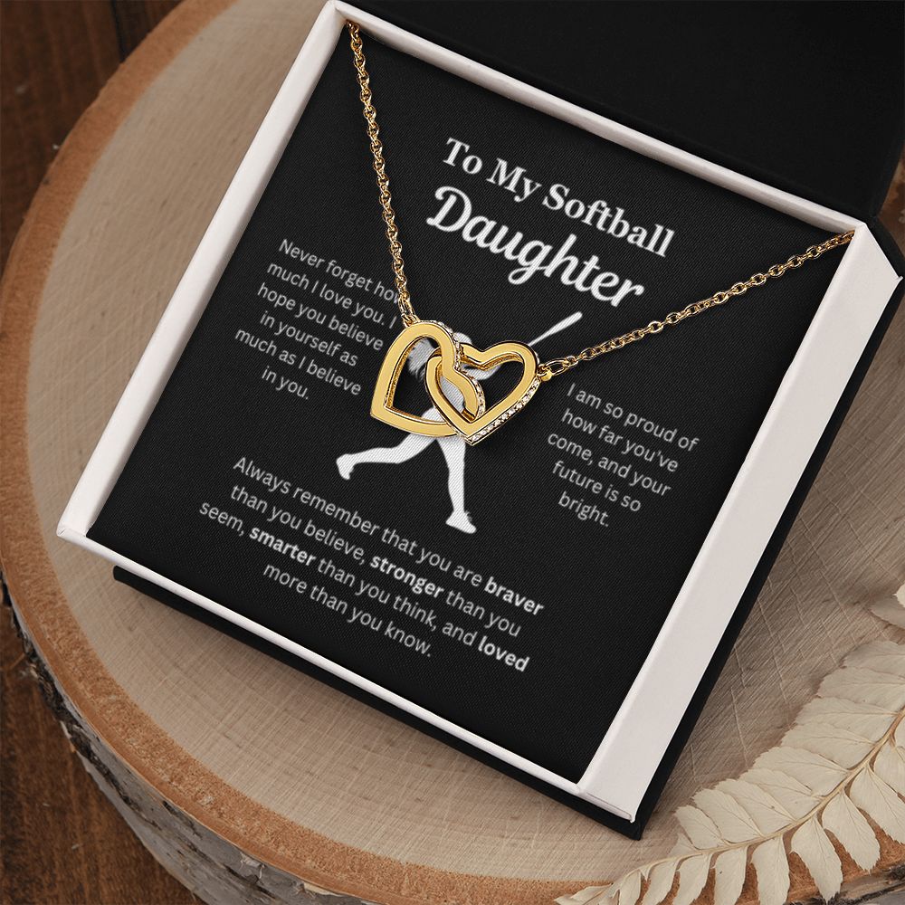 EllePendants To My Softball Daughter Necklace, Father Daughter Necklace, Mother Daughter Necklace, Daughter Birthday, Heart Jewelry, Gold Jewelry, Interlocking Hearts, Message Card Necklace