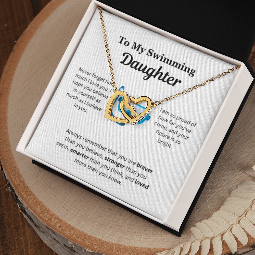 EllePendants To My Swimming Daughter Necklace, Father Daughter Necklace, Mother Daughter Necklace, Daughter Birthday, Heart Jewelry, Gold Jewelry, Interlocking Hearts, Message Card Necklace