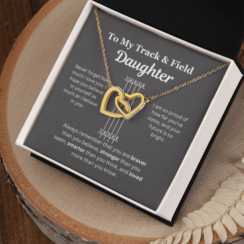 EllePendants To My Track and Field Daughter Necklace, Father Daughter Necklace, Mother Daughter Necklace, Daughter Birthday, Heart Jewelry, Gold Jewelry, Interlocking Hearts, Message Card Necklace