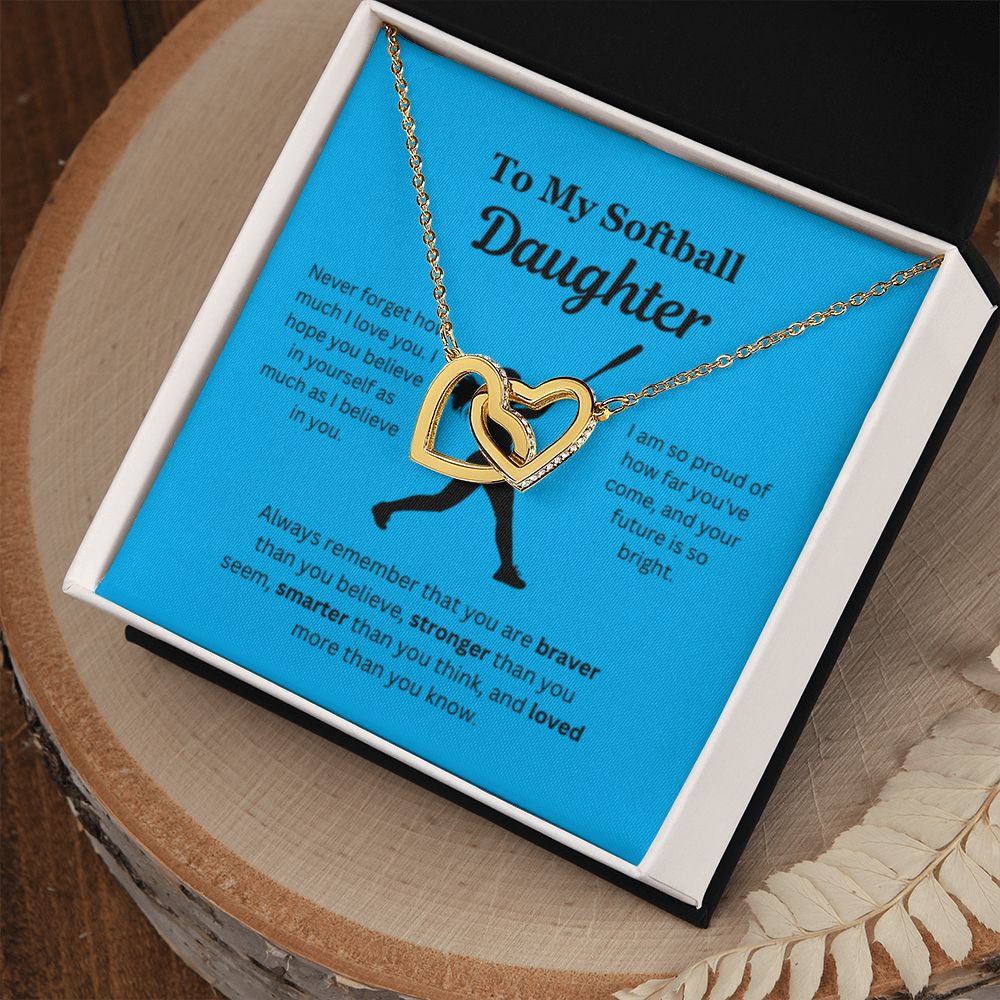 EllePendants To My Softball Daughter Necklace, Father Daughter Necklace, Mother Daughter Necklace, Daughter Birthday, Heart Jewelry, Gold Jewelry, Interlocking Hearts, Message Card Necklace
