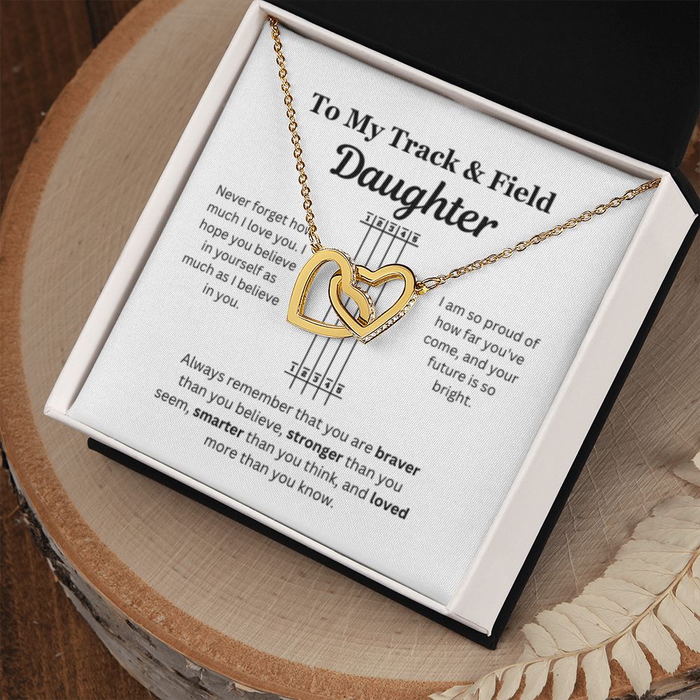 EllePendants To My Track and Field Daughter Necklace, Father Daughter Necklace, Mother Daughter Necklace, Daughter Birthday, Heart Jewelry, Gold Jewelry, Interlocking Hearts, Message Card Necklace