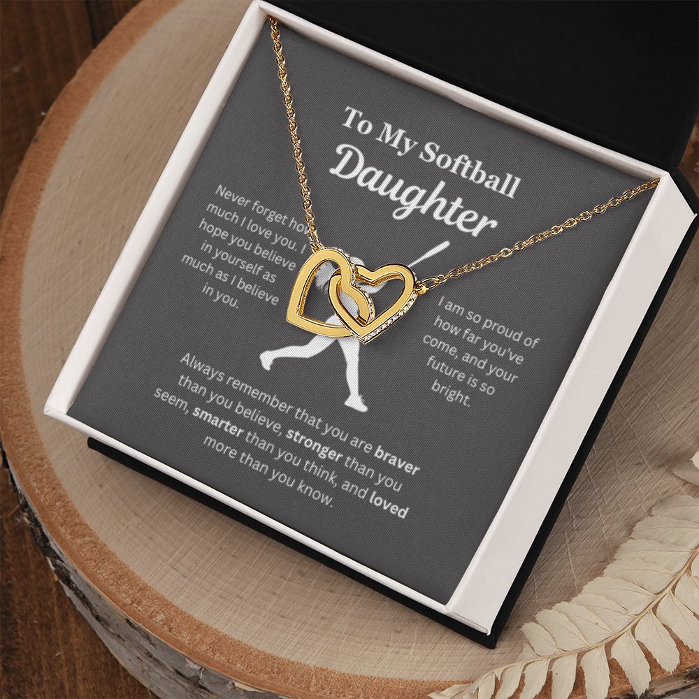 EllePendants To My Softball Daughter Necklace, Father Daughter Necklace, Mother Daughter Necklace, Daughter Birthday, Heart Jewelry, Gold Jewelry, Interlocking Hearts, Message Card Necklace