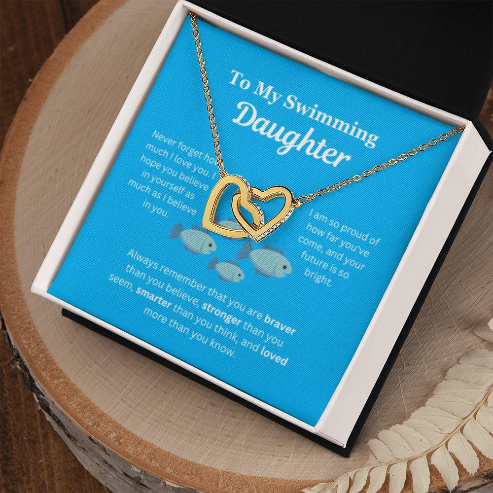 EllePendants To My Swimming Daughter Necklace, Father Daughter Necklace, Mother Daughter Necklace, Daughter Birthday, Heart Jewelry, Gold Jewelry, Interlocking Hearts, Message Card Necklace