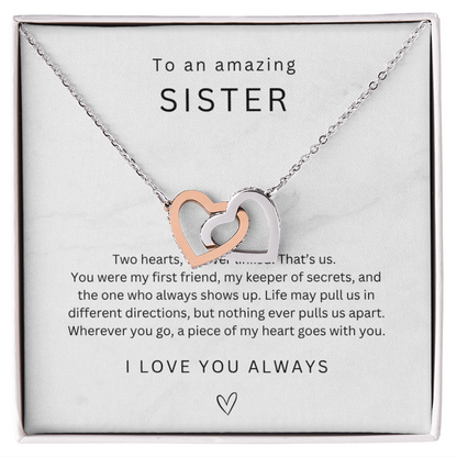 To My Sister Interlocking Hearts Necklace, Sister Gift from Sister, Big Little Sister Birthday Christmas Gift, Gift for Sister