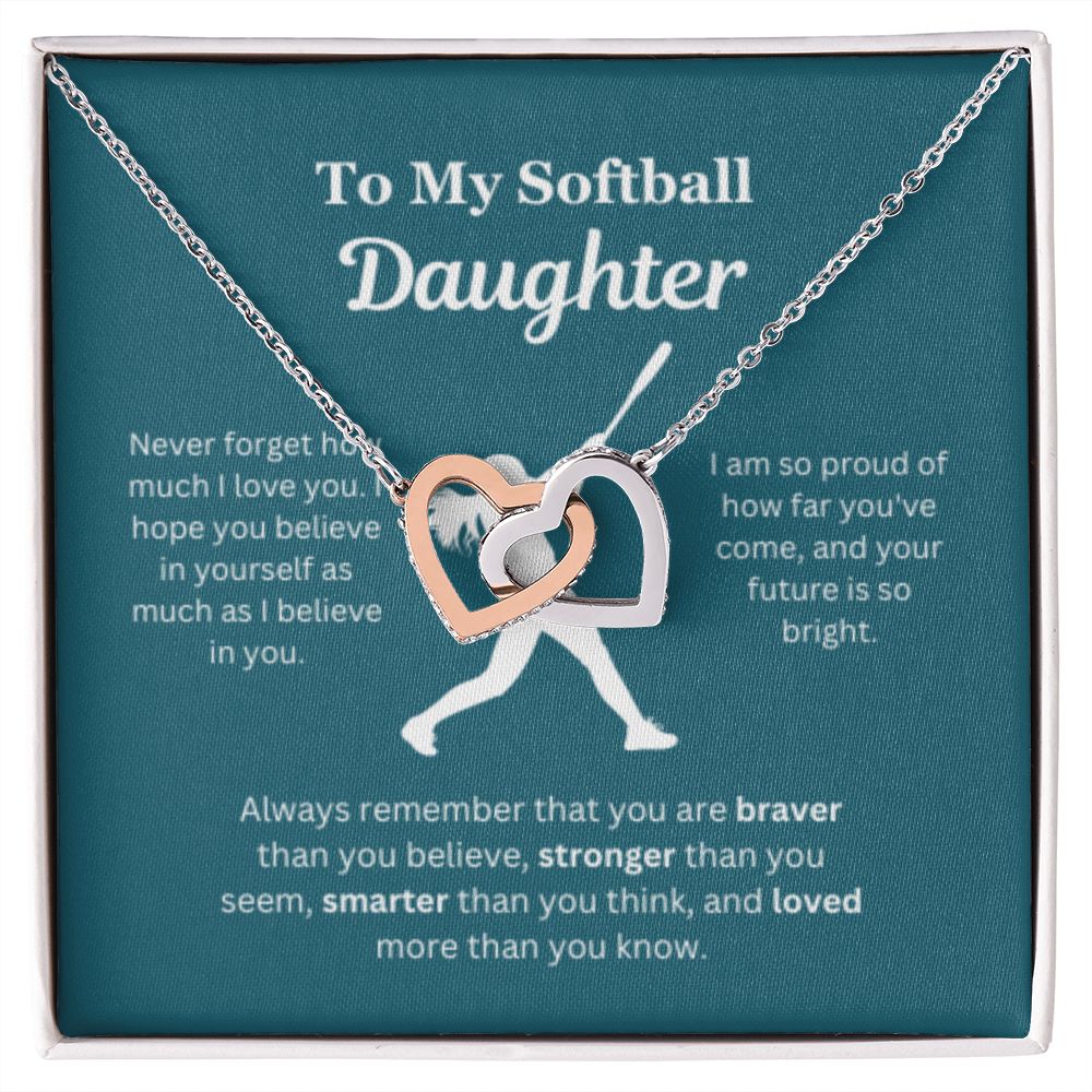 EllePendants To My Softball Daughter Necklace, Father Daughter Necklace, Mother Daughter Necklace, Daughter Birthday, Heart Jewelry, Gold Jewelry, Interlocking Hearts, Message Card Necklace