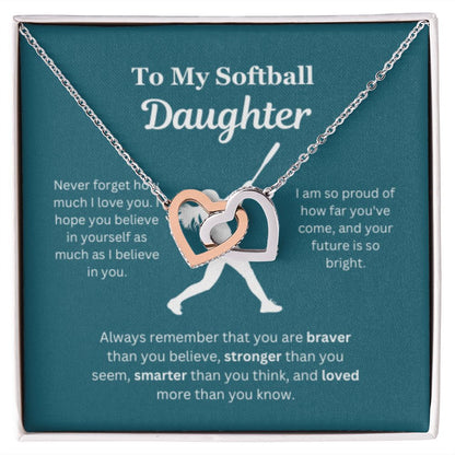 EllePendants To My Softball Daughter Necklace, Father Daughter Necklace, Mother Daughter Necklace, Daughter Birthday, Heart Jewelry, Gold Jewelry, Interlocking Hearts, Message Card Necklace