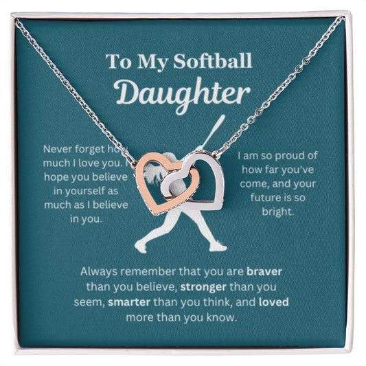 EllePendants To My Softball Daughter Necklace, Father Daughter Necklace, Mother Daughter Necklace, Daughter Birthday, Heart Jewelry, Gold Jewelry, Interlocking Hearts, Message Card Necklace