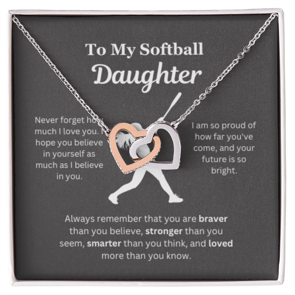 EllePendants To My Softball Daughter Necklace, Father Daughter Necklace, Mother Daughter Necklace, Daughter Birthday, Heart Jewelry, Gold Jewelry, Interlocking Hearts, Message Card Necklace