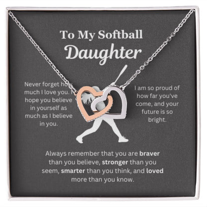 EllePendants To My Softball Daughter Necklace, Father Daughter Necklace, Mother Daughter Necklace, Daughter Birthday, Heart Jewelry, Gold Jewelry, Interlocking Hearts, Message Card Necklace