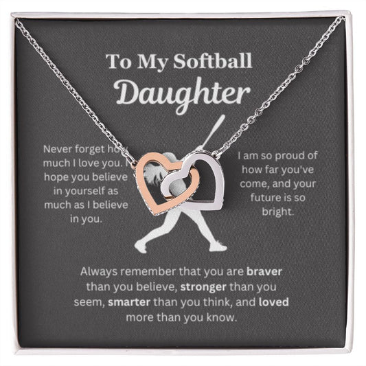 EllePendants To My Softball Daughter Necklace, Father Daughter Necklace, Mother Daughter Necklace, Daughter Birthday, Heart Jewelry, Gold Jewelry, Interlocking Hearts, Message Card Necklace