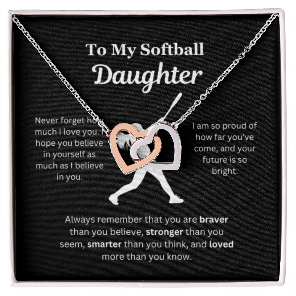 EllePendants To My Softball Daughter Necklace, Father Daughter Necklace, Mother Daughter Necklace, Daughter Birthday, Heart Jewelry, Gold Jewelry, Interlocking Hearts, Message Card Necklace