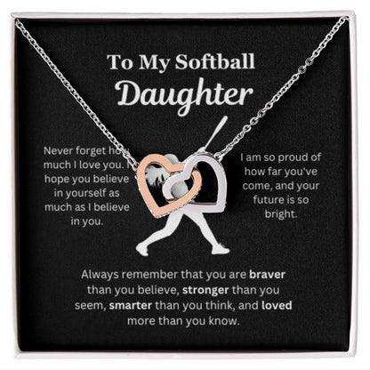 EllePendants To My Softball Daughter Necklace, Father Daughter Necklace, Mother Daughter Necklace, Daughter Birthday, Heart Jewelry, Gold Jewelry, Interlocking Hearts, Message Card Necklace