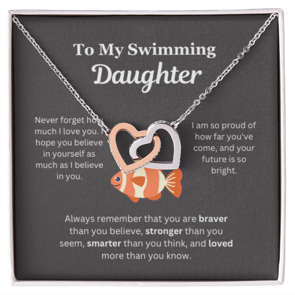 EllePendants To My Swimming Daughter Necklace, Father Daughter Necklace, Mother Daughter Necklace, Daughter Birthday, Heart Jewelry, Gold Jewelry, Interlocking Hearts, Message Card Necklace