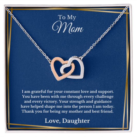 Interlocking Hearts, To Mom From Daughter Message Card Necklace, Mom Birthday Jewelry To Mom From Daughter Gifts, Mom Mother's Day Gifts From Daughter