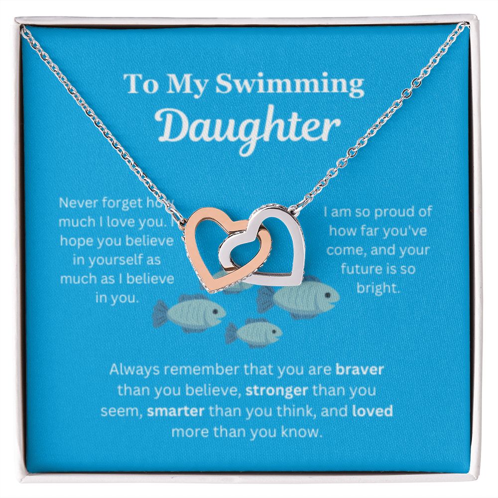 EllePendants To My Swimming Daughter Necklace, Father Daughter Necklace, Mother Daughter Necklace, Daughter Birthday, Heart Jewelry, Gold Jewelry, Interlocking Hearts, Message Card Necklace