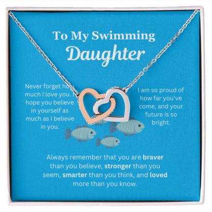 EllePendants To My Swimming Daughter Necklace, Father Daughter Necklace, Mother Daughter Necklace, Daughter Birthday, Heart Jewelry, Gold Jewelry, Interlocking Hearts, Message Card Necklace