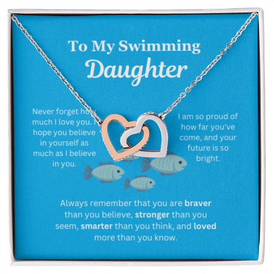 EllePendants To My Swimming Daughter Necklace, Father Daughter Necklace, Mother Daughter Necklace, Daughter Birthday, Heart Jewelry, Gold Jewelry, Interlocking Hearts, Message Card Necklace