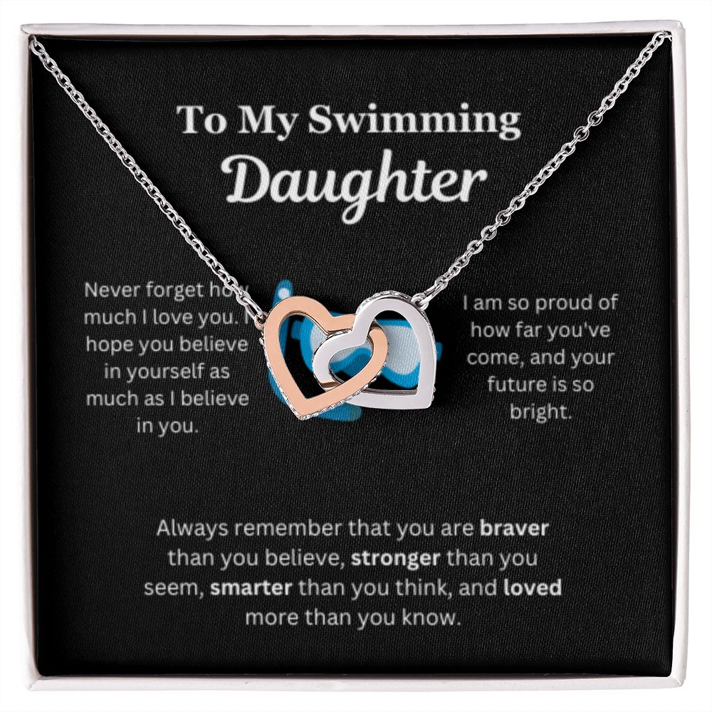 EllePendants To My Swimming Daughter Necklace, Father Daughter Necklace, Mother Daughter Necklace, Daughter Birthday, Heart Jewelry, Gold Jewelry, Interlocking Hearts, Message Card Necklace