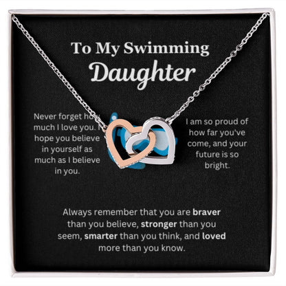EllePendants To My Swimming Daughter Necklace, Father Daughter Necklace, Mother Daughter Necklace, Daughter Birthday, Heart Jewelry, Gold Jewelry, Interlocking Hearts, Message Card Necklace