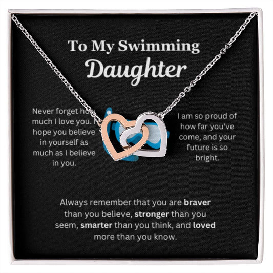 EllePendants To My Swimming Daughter Necklace, Father Daughter Necklace, Mother Daughter Necklace, Daughter Birthday, Heart Jewelry, Gold Jewelry, Interlocking Hearts, Message Card Necklace