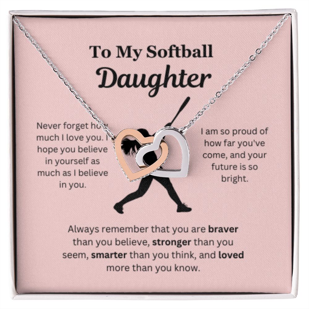 EllePendants To My Softball Daughter Necklace, Father Daughter Necklace, Mother Daughter Necklace, Daughter Birthday, Heart Jewelry, Gold Jewelry, Interlocking Hearts, Message Card Necklace