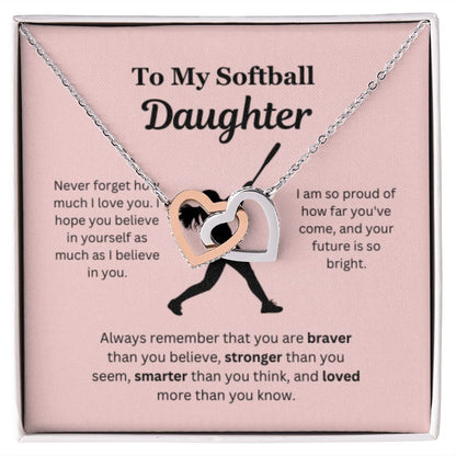 EllePendants To My Softball Daughter Necklace, Father Daughter Necklace, Mother Daughter Necklace, Daughter Birthday, Heart Jewelry, Gold Jewelry, Interlocking Hearts, Message Card Necklace