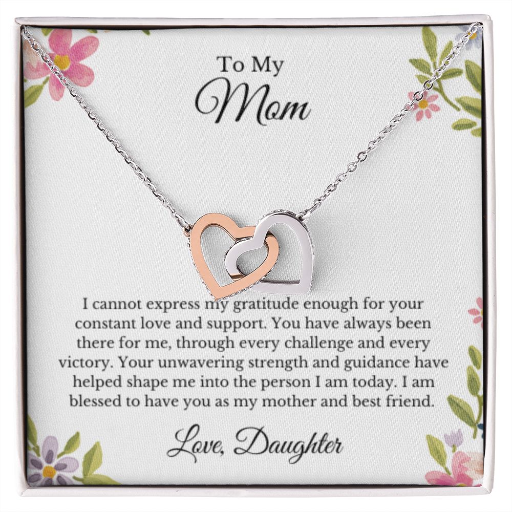 Interlocking Hearts, To Mom From Daughter Message Card Necklace, Mom Birthday Jewelry To Mom From Daughter Gifts, Mom Mother's Day Gifts From Daughter