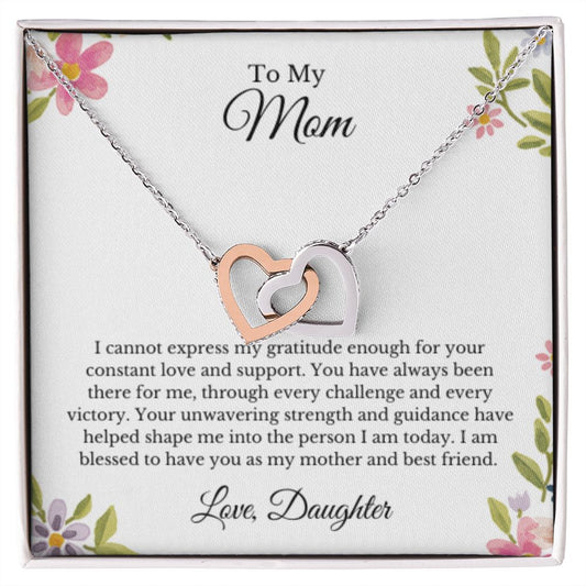 Interlocking Hearts, To Mom From Daughter Message Card Necklace, Mom Birthday Jewelry To Mom From Daughter Gifts, Mom Mother's Day Gifts From Daughter